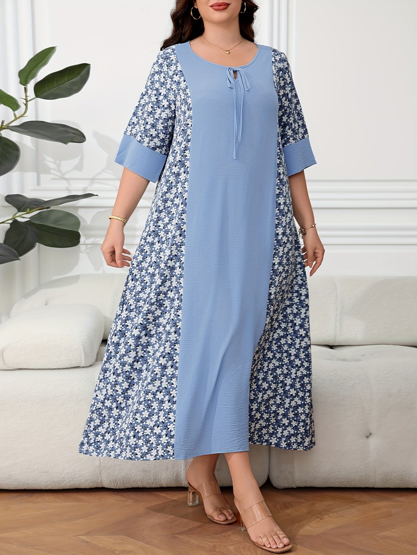 Plus Size Floral Print Tie Front Bow Baju Abaya - Blue Floral on Light Blue, Loose Fit Maxi Dress with Short Sleeves, Machine Washable Non-Stretch Fabric, Middle Eastern-Inspired Design