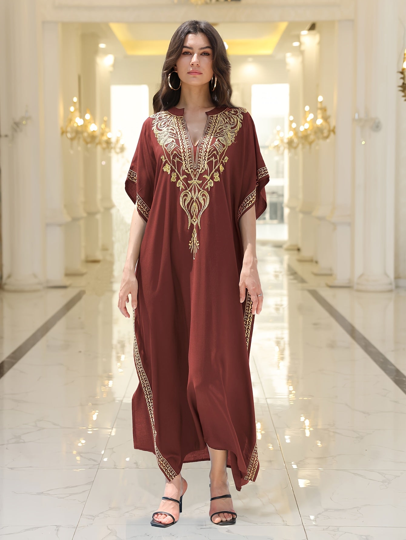 Long Robe Golden Embroidered Vacation Robe Kaftan Dress V-neck Beach C   Fabulive