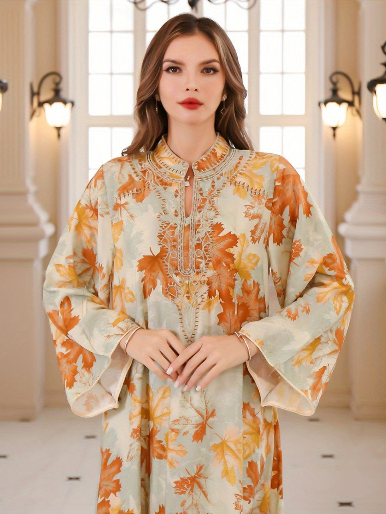 Women's Elegant Floral Baju Abaya Dress - Long Maxi robe with Flowy Loose Fit, Beige & Orange Floral Print Formal & Everyday Islamic Dress - Machine Washable Muslim Wedding Guest Outfit