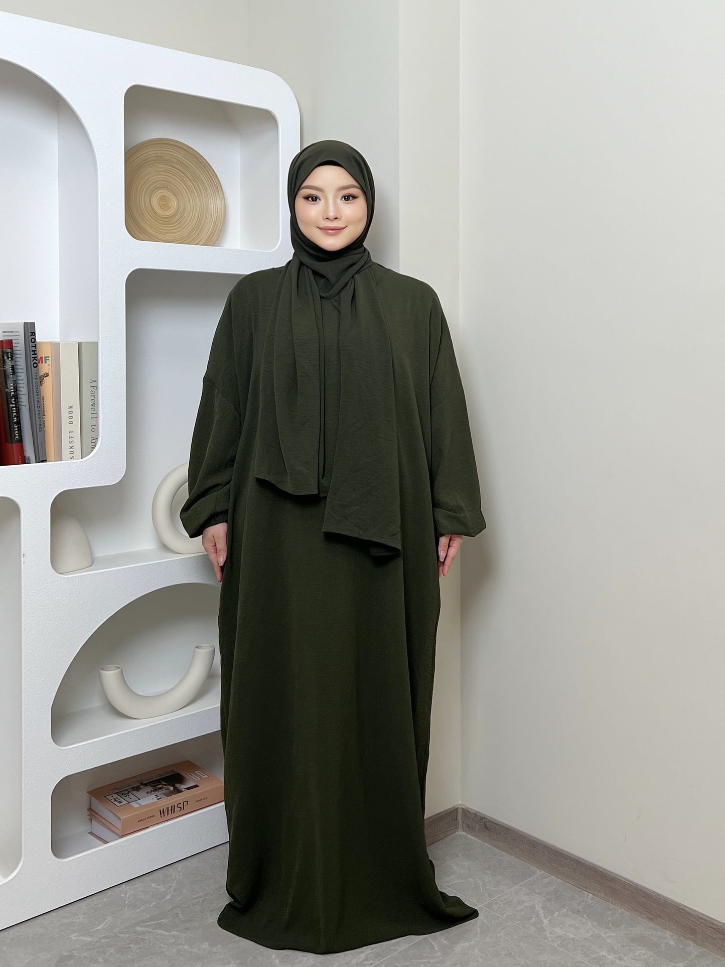 Elegant Crepe Hooded Jibab Abaya Hijab | Modest Long Sleeve Full Coverage Prayer Dress with Attached Scarf & Pockets, Machine Washable Medium Stretch Solid Color