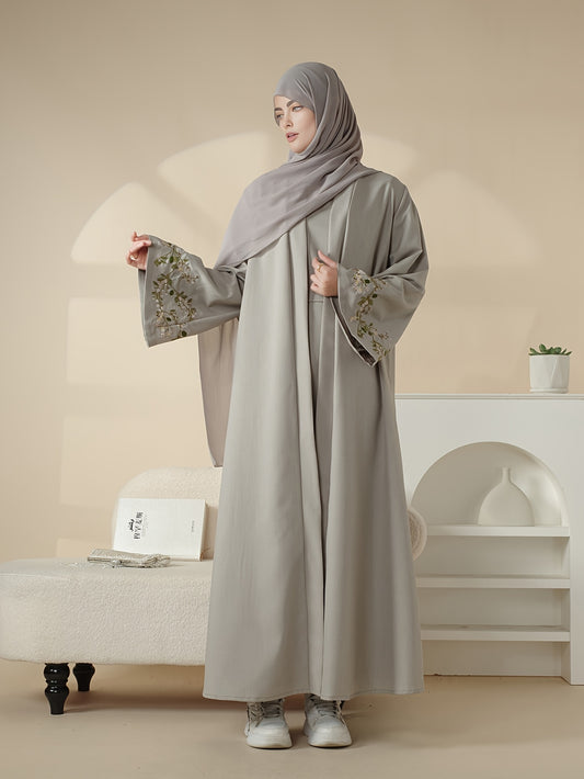 Elegant Floral Polyester 3pcs Set Abaya Gown, Open with Pocket Lining, 150G/M² Fabric Weight, Middle East Collection, for Women