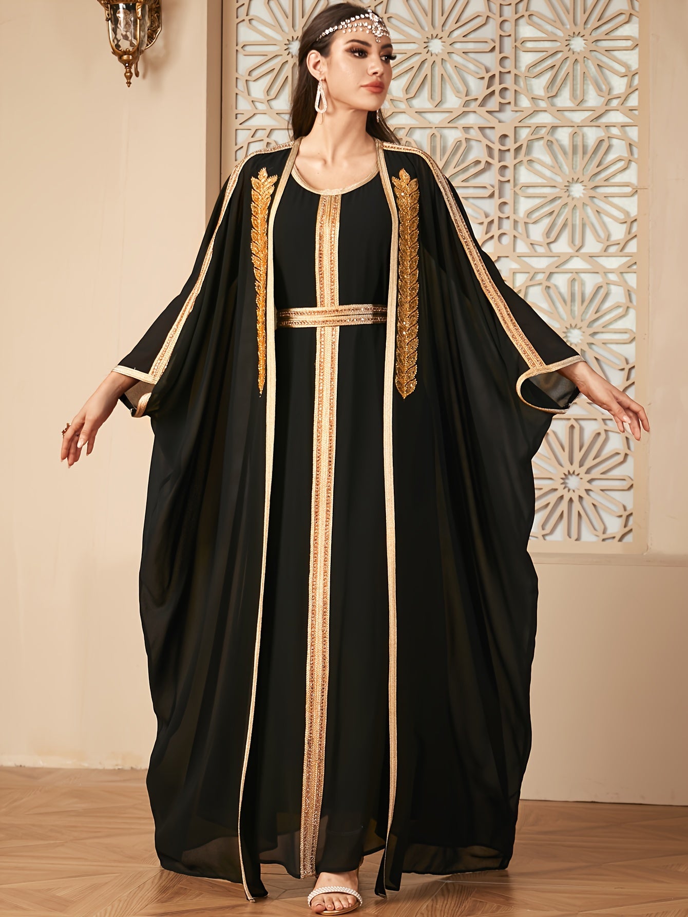 Elegant Ramadan Style Sequin Abaya Gown Dress with Mesh Overlay and Batwing Sleeves - Round Neck, Black with Golden Accents, Flowing Draped Waist, Perfect for Women's Fashion, Festive Attire|Elegant Attire