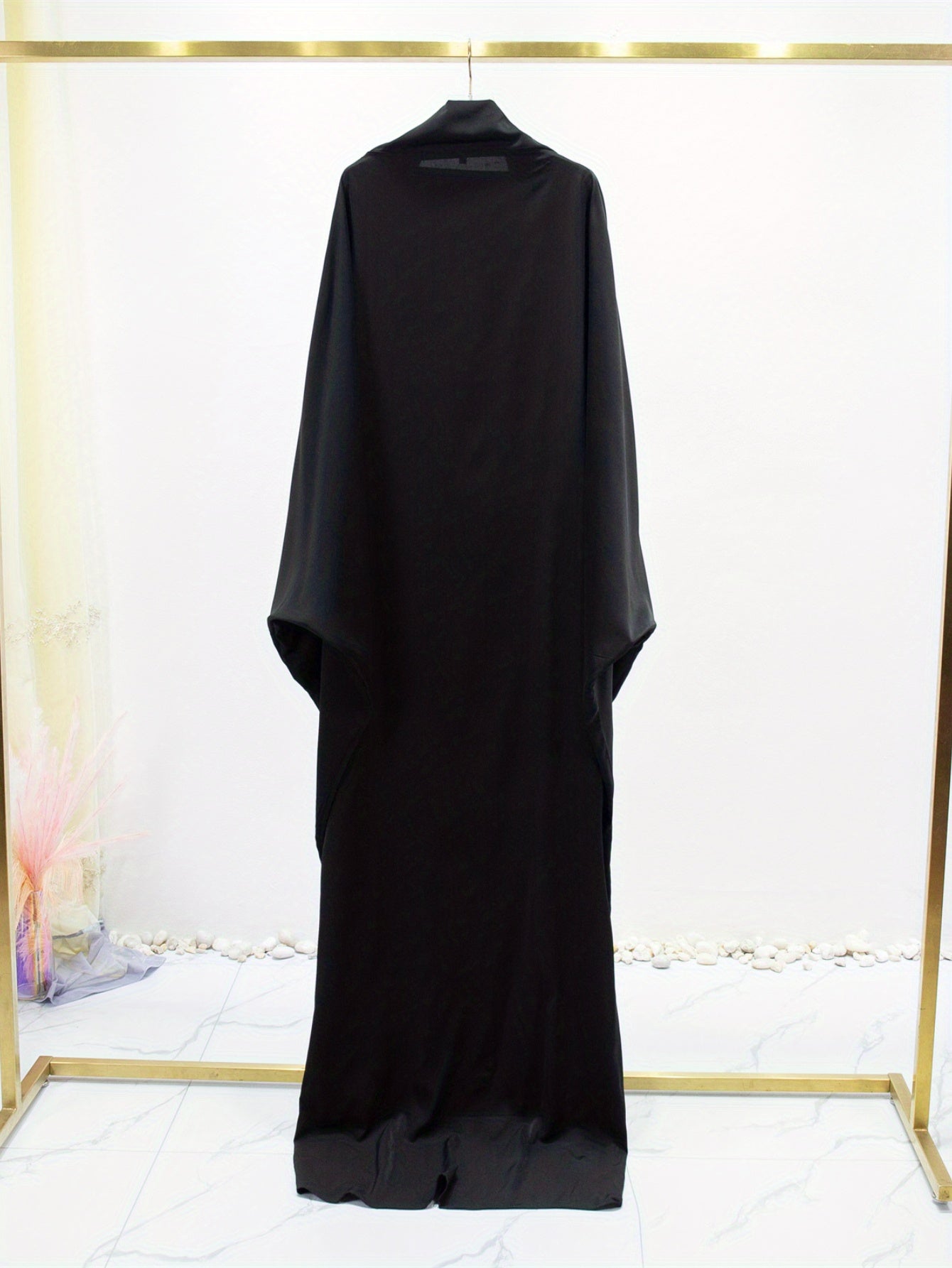 Elegant Solid Black Baju Abaya Prayer Dress - Loose Fit Batwing Sleeves Long Sleeve Ramadan Abaya with Hijab Headscarf, Traditional Middle Eastern All-Season Long Robe for Women