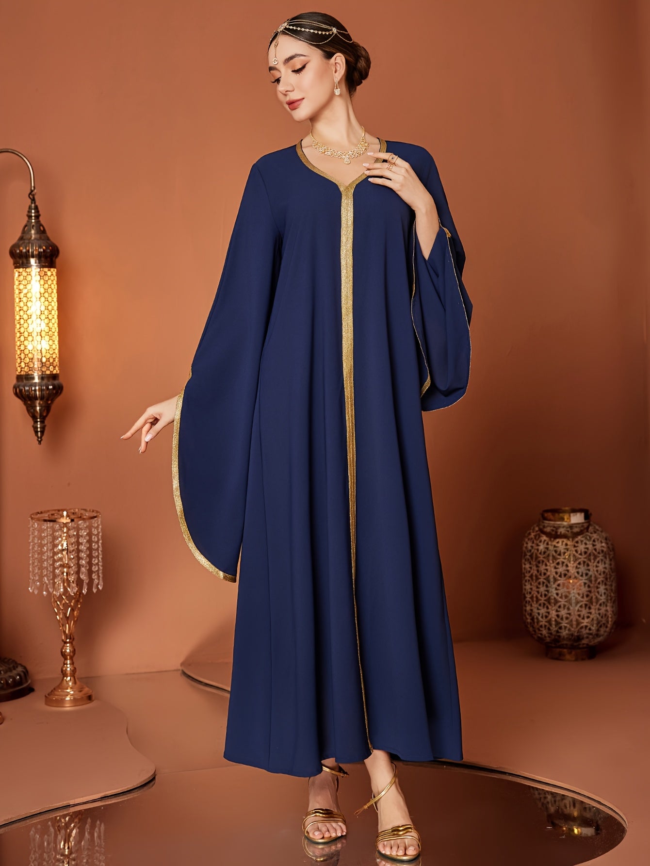 Elegant Long Sleeve Abaya Gown Dress | Women's Middle Eastern-Inspired Navy Blue & Golden Lace Trim - Lightweight 100% Polyester, Belted Waist, Hand Wash Only, Spring/Summer Casual to Formal Wear