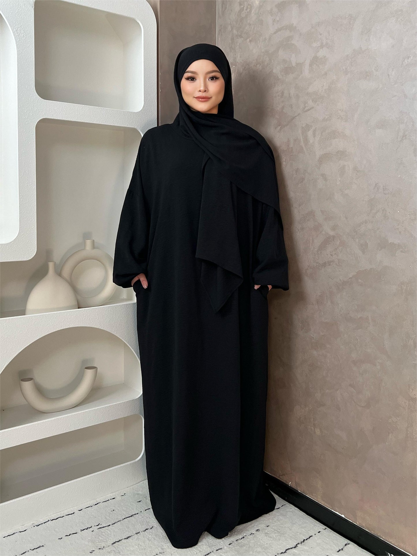Elegant Crepe Hooded Jibab Abaya Hijab | Modest Long Sleeve Full Coverage Prayer Dress with Attached Scarf & Pockets, Machine Washable Medium Stretch Solid Color