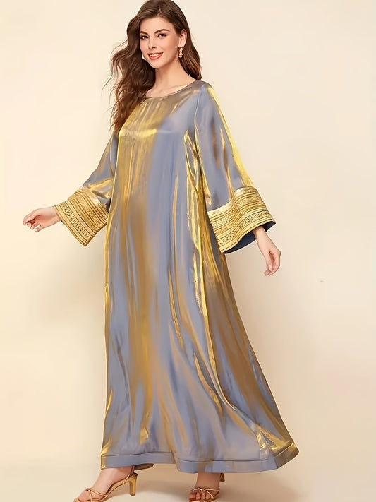 Elegant Long-Sleeve Baju Abaya | Golden Lace Accents, Reflective, Loose Fit, Round Neck, Perfect for Spring/Fall, Women's Fashion, Fall Fashion