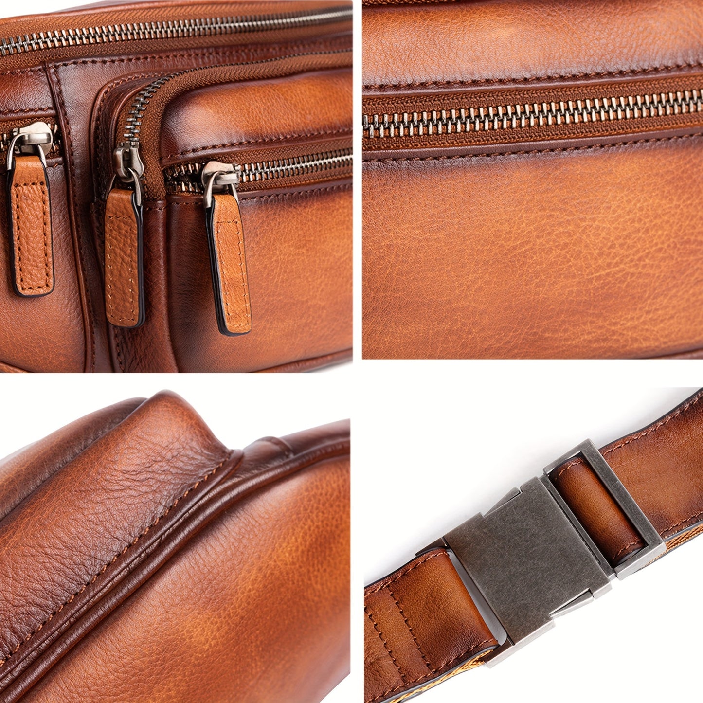Premium Genuine Leather Fanny Pack for Men & Women - Adjustable Sling Bag with Multiple Zipper Pockets, Brown Leather Crossbody Chest Bag