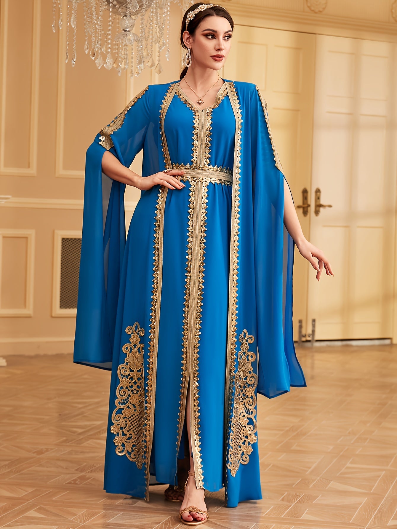 Two-piece Set: Fashion Embroidered Vest with Waist Cincher and Long Skirt + Cardigan with Sequins and Split Long Sleeves Abaya Gown Dress