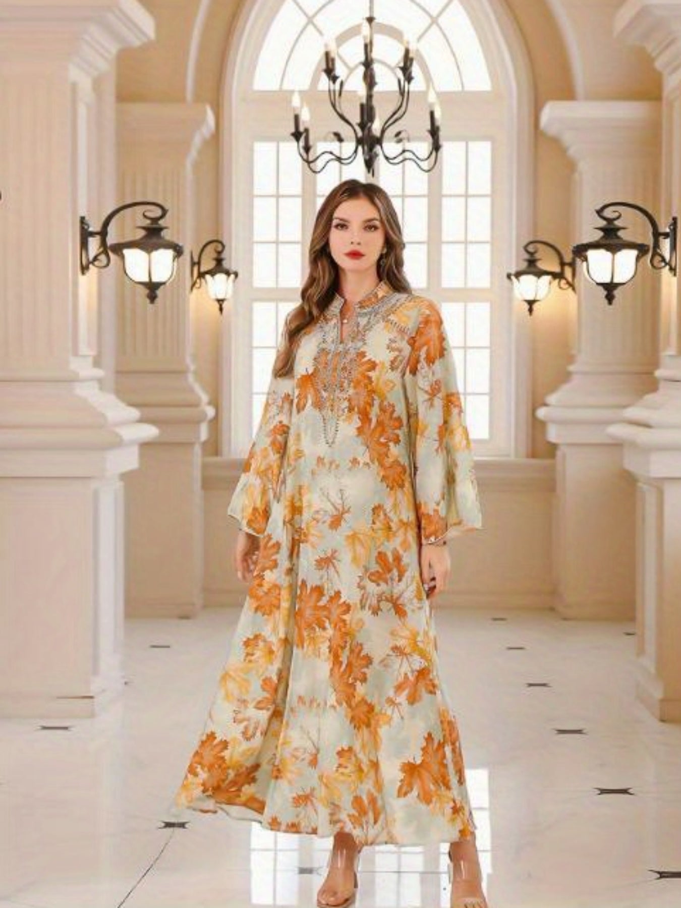 Women's Elegant Floral Baju Abaya Dress - Long Maxi robe with Flowy Loose Fit, Beige & Orange Floral Print Formal & Everyday Islamic Dress - Machine Washable Muslim Wedding Guest Outfit