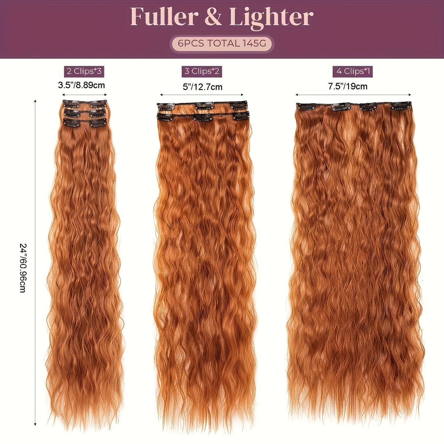 6pcs Synthetic Clip In 24 Inch Long Curly Wavy Hair Extensions