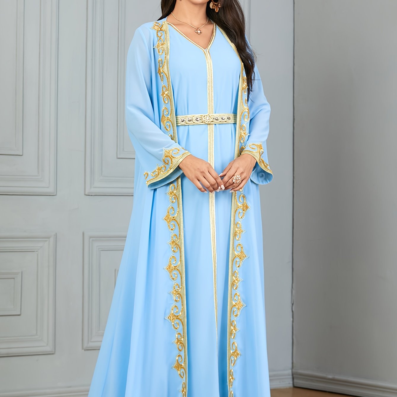New Middle Eastern Emirati Abaya Dress + Cardigan Lace Embroidery Long Sleeve Two-Piece Robe Dress
