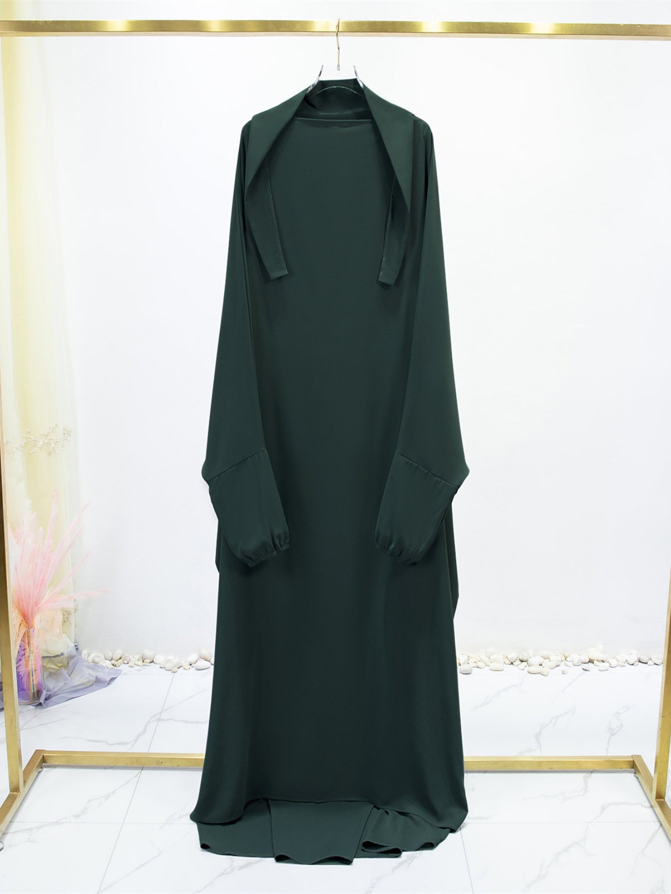 Elegant Solid Black Baju Abaya Prayer Dress - Loose Fit Batwing Sleeves Long Sleeve Ramadan Abaya with Hijab Headscarf, Traditional Middle Eastern All-Season Long Robe for Women