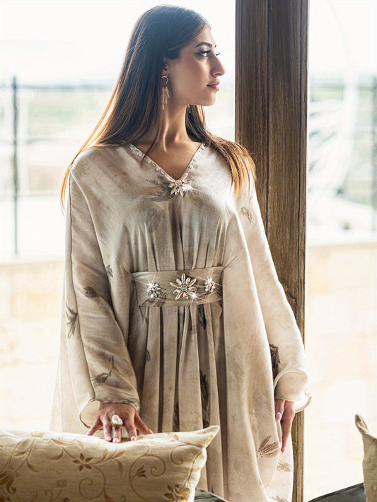 Elegant Turkish Long Tunic with Hand-Stitched Rhinestone Embellishments, Metallic Sheen Soft Fabric Abaya, Floral Pattern, Long Sleeve, Regular Fit for Women - Ideal for Parties & Gatherings, Party Attire