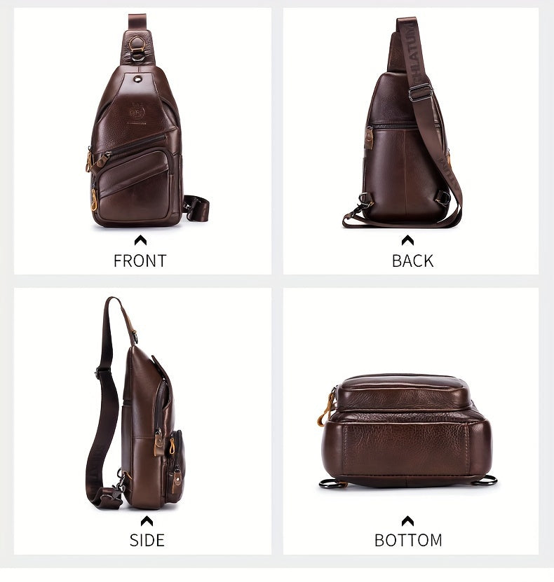 Men's Top Layer Cowhide Sling Bag, Genuine Leather Crossbody Bag, Retro Fashion Commuter Bag Multi-functional Travel Slant Shoulder Bag