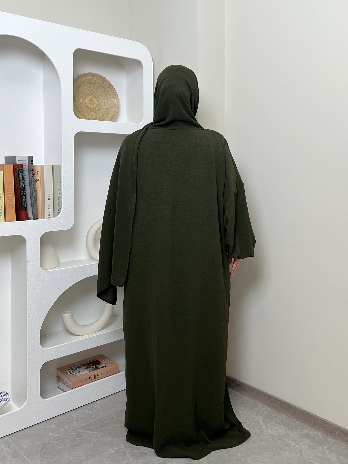 Elegant Crepe Hooded Jibab Abaya Hijab | Modest Long Sleeve Full Coverage Prayer Dress with Attached Scarf & Pockets, Machine Washable Medium Stretch Solid Color