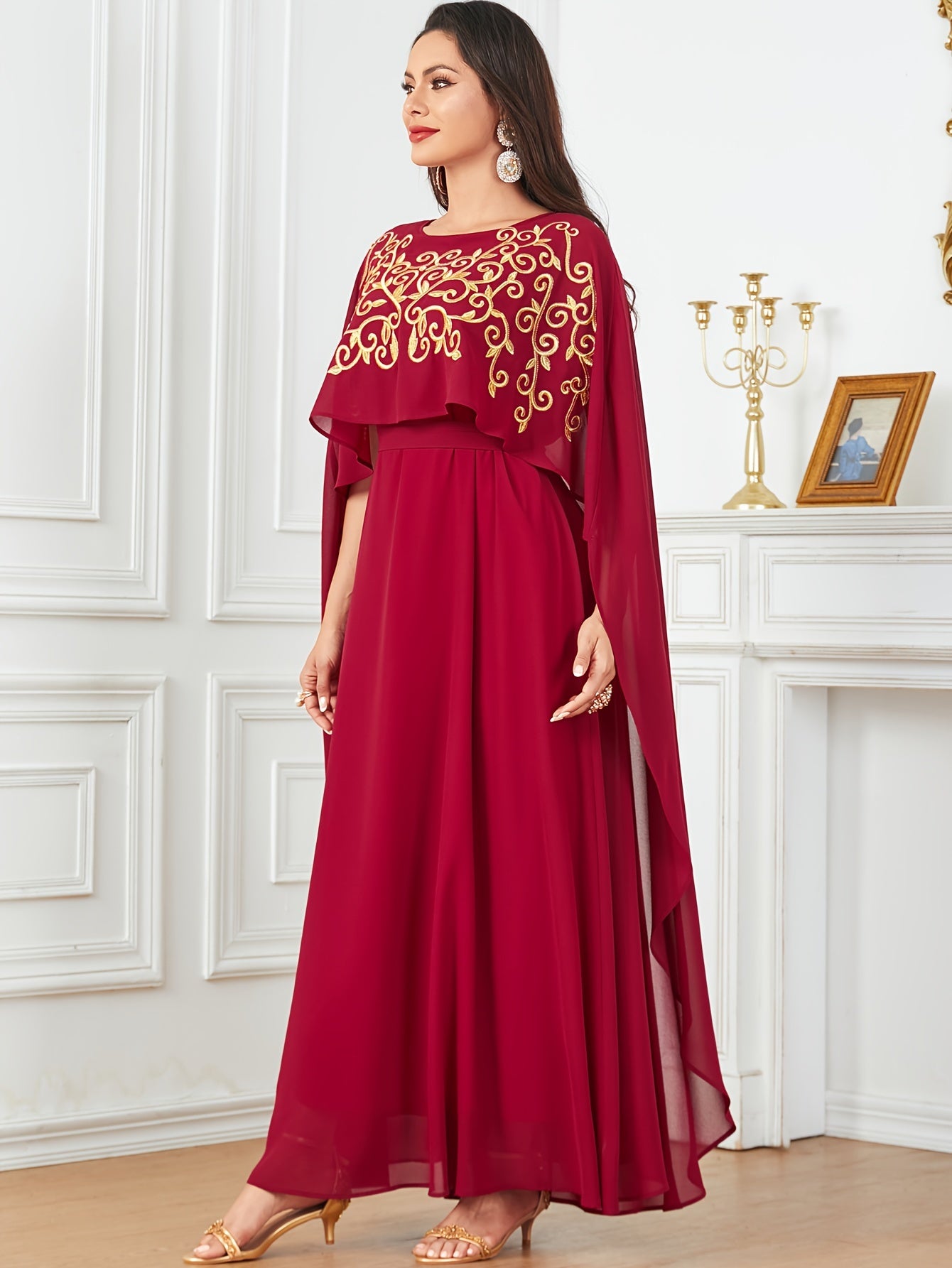 Stylish Long Cape with Lace Edge and Embroidery, Two-piece Set, Robe with Waistband and Body-hugging Abaya Dress