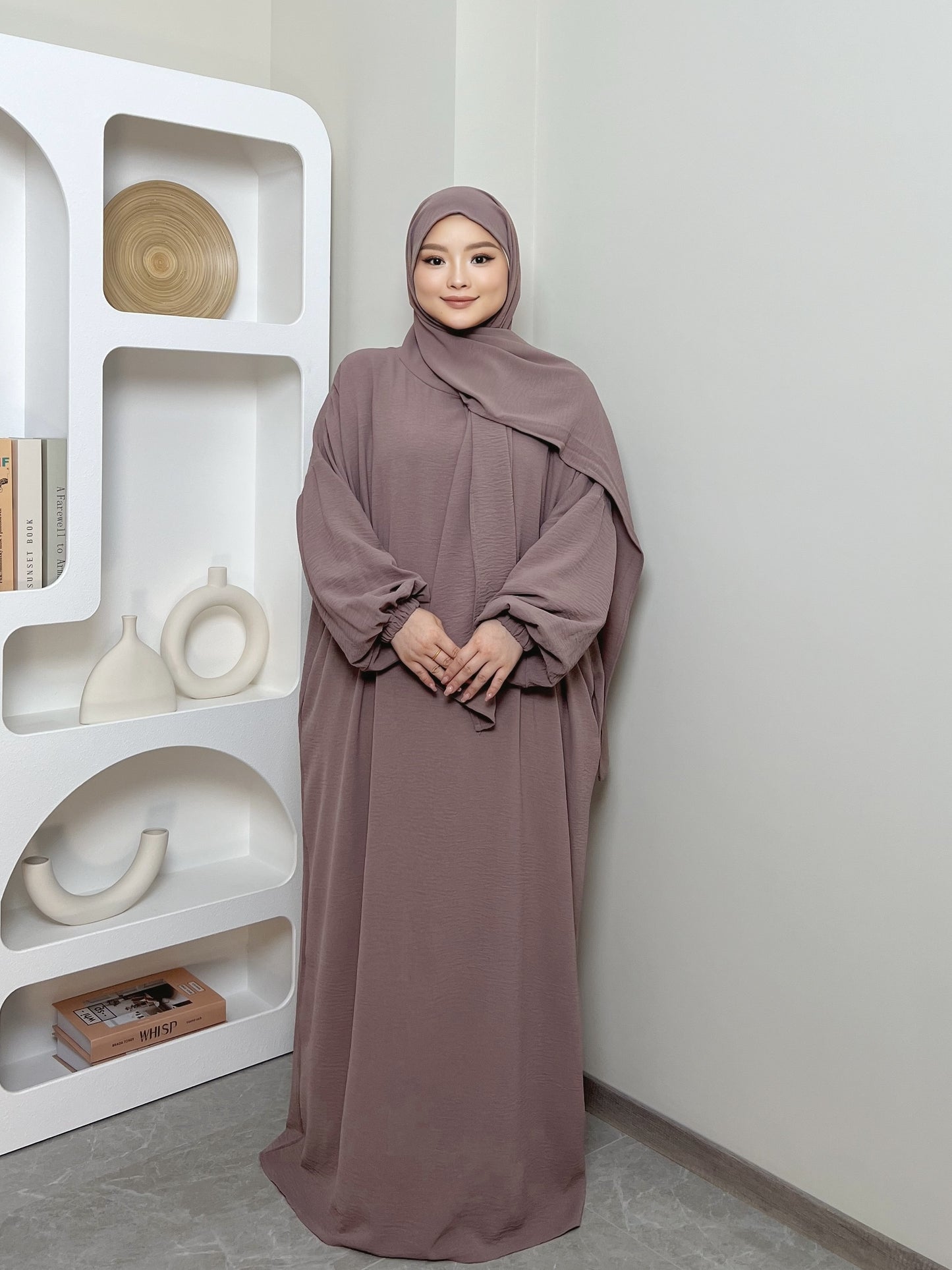 Elegant Crepe Hooded Jibab Abaya Hijab | Modest Long Sleeve Full Coverage Prayer Dress with Attached Scarf & Pockets, Machine Washable Medium Stretch Solid Color