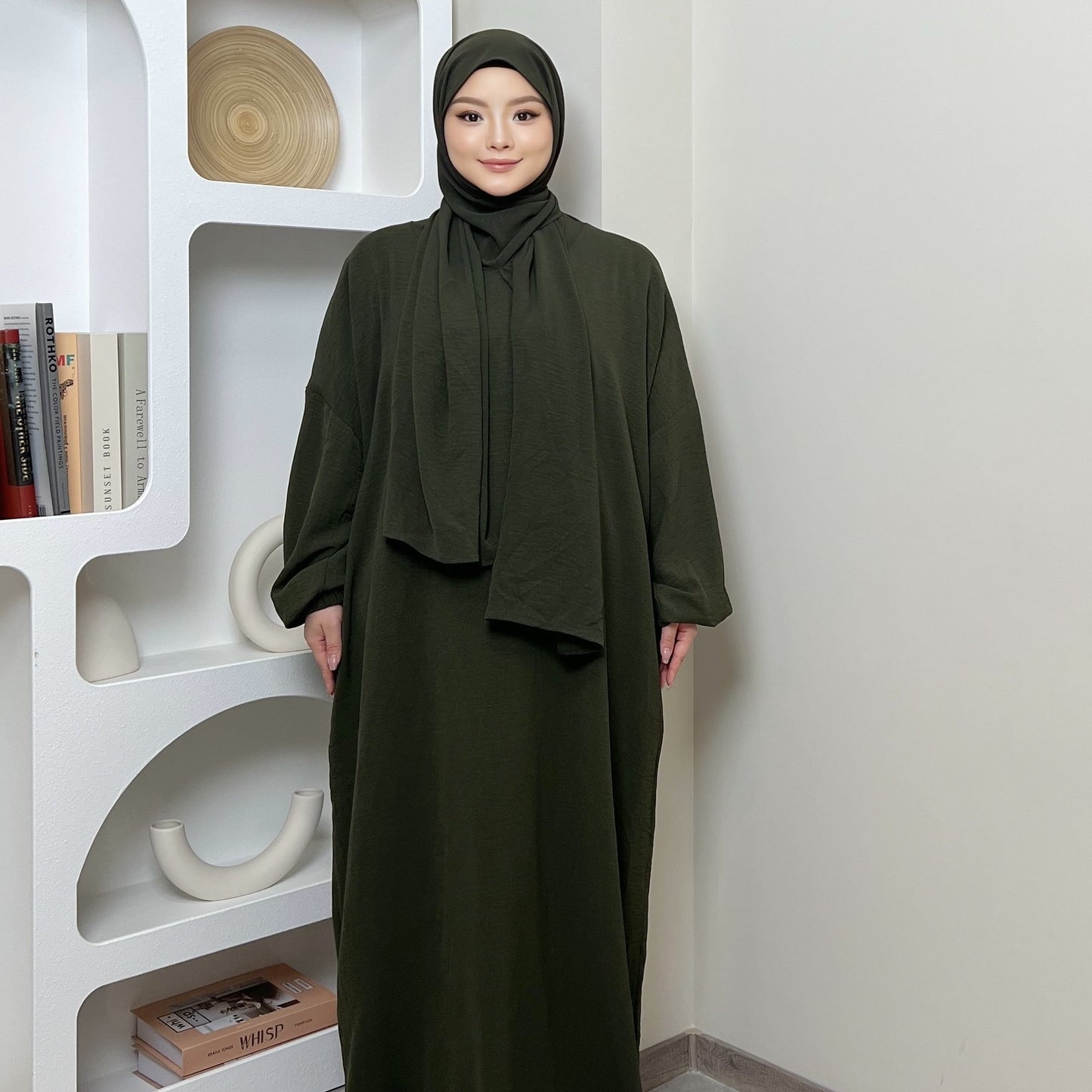 Elegant Crepe Hooded Jibab Abaya Hijab | Modest Long Sleeve Full Coverage Prayer Dress with Attached Scarf & Pockets, Machine Washable Medium Stretch Solid Color