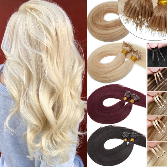 100% Human Hair Extensions - 50 Strands Nano Rings, Thick, Smooth, Remy Hair