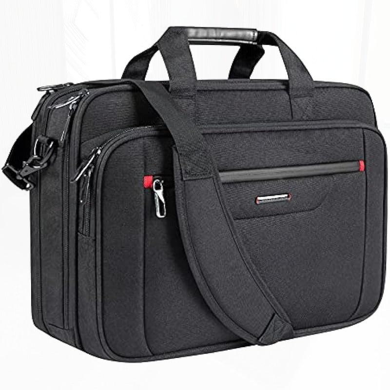 Men Briefcase Premium Leather Laptop Case Fits Up to 17.3 Inch Business Shoulder Bag Laptop Expandable Messenger Bag for Men Women Computer Bag for Travel Business Black