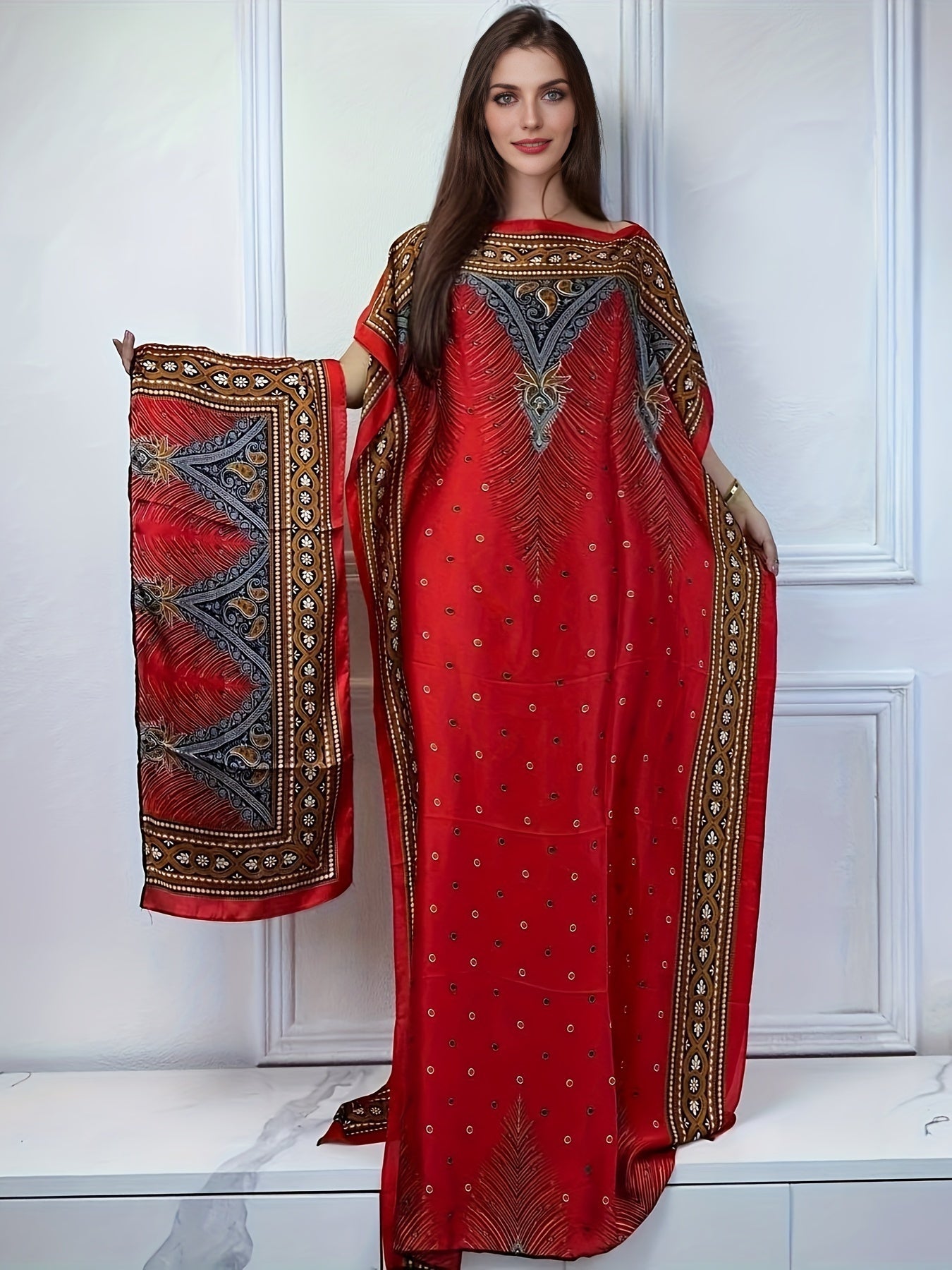 Women's Elegant Short Sleeve Loose Fit Long Dress - Traditional Middle Eastern Baju Abaya with All-Over Floral Print, Adjustable Waist Belt & Boat Neck Scarf - Breathable Machine-Washable