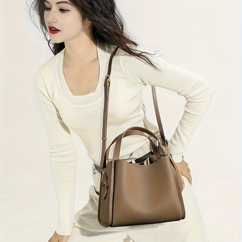 Real Leather Women's Crossbody Handbag, Medium-sized Bag, First Layer Cowhide Large Capacity Bucket Bag, High-quality Crossbody Bag, Fashionable Ladies