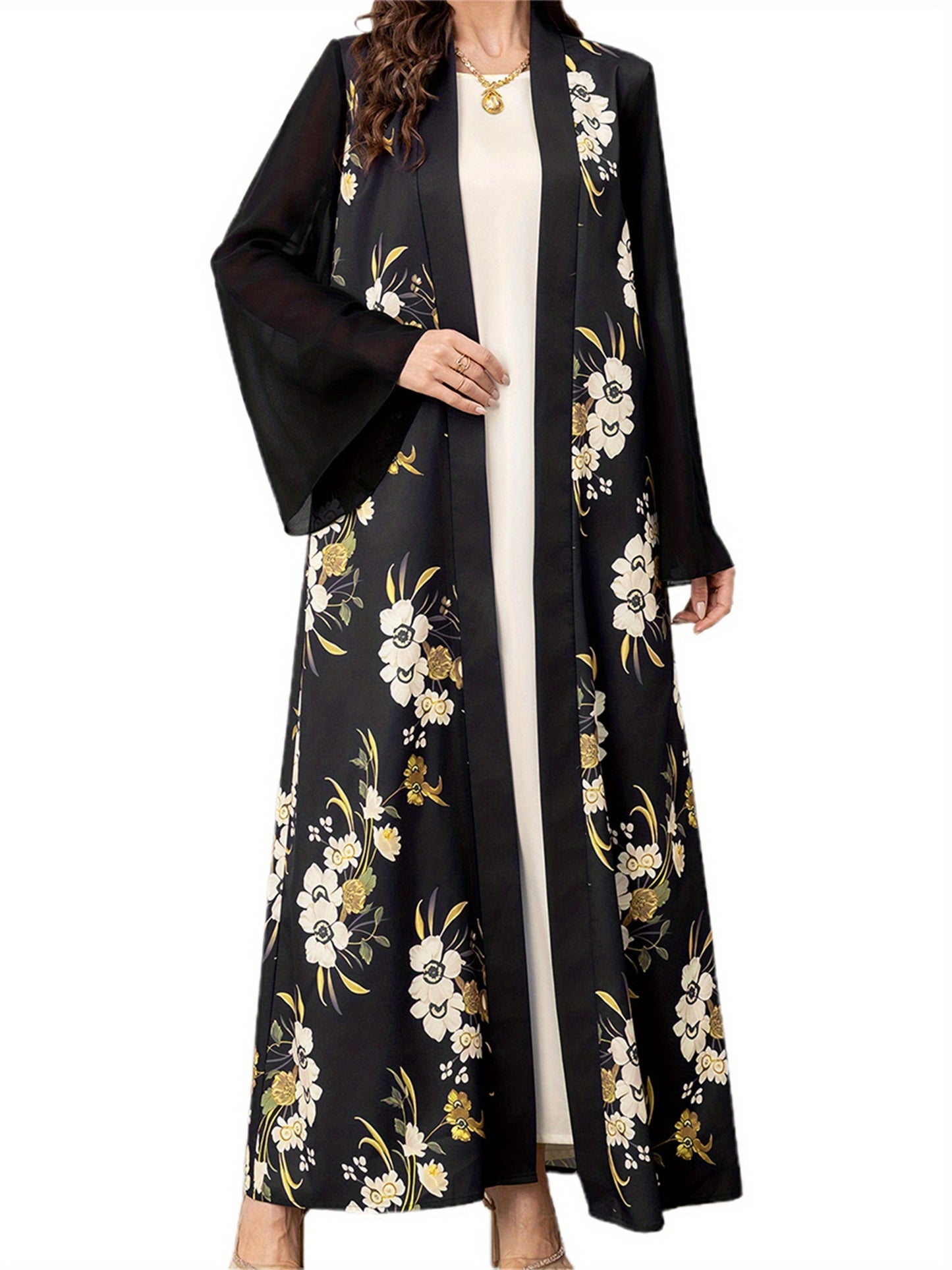 Elegant Black & White Floral Print Long Sleeve Kaftan Gown for Women - Loose Kimono Abaya with Golden Accents, Perfect for Spring and Summer Casual Wear, Comfortable Clothing