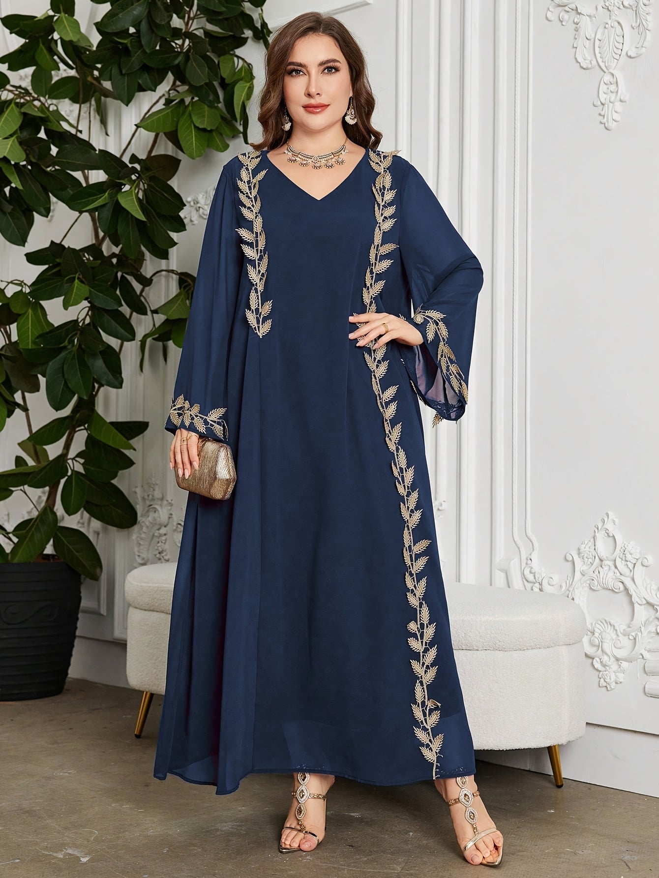 Plus size, Women's V-Neck Long Sleeve Golden Embroidered Ribbon Chiffon Loose Casual Comfortable Elegant Daily Party Plus Size Arabic Abaya Dress,