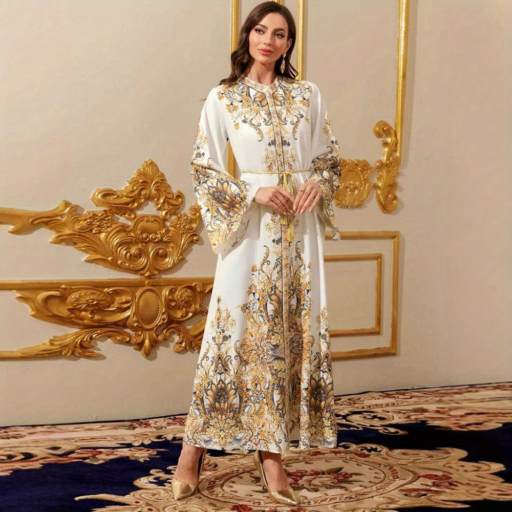 Women's Elegant Middle Eastern Dubai Baju Abaya Dress - Luxurious Golden Floral Print & Lace-like Sleeve Design, Floor-Length Evening Gown with Modest Coverage for Weddings