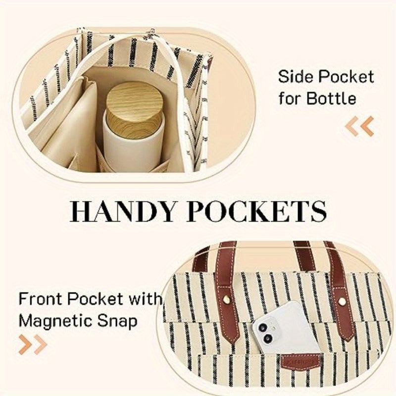 Leather Laptop Tote Bag, Canvas Laptop Bag 15.6 inch Work Shoulder Bags Casual Briefcase Handbag for Travel Office College Stripe