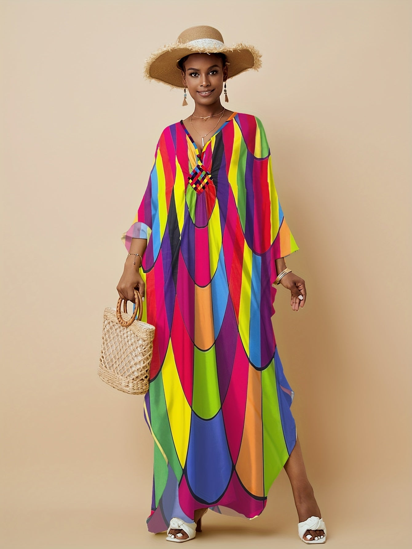chinese dress ladies Plus Size, Women's Plus Size Kaftan Dresses Colorful Color Block Patte –  Fabulive