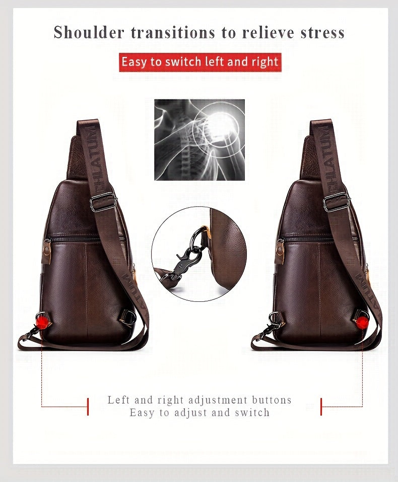 Men's Top Layer Cowhide Sling Bag, Genuine Leather Crossbody Bag, Retro Fashion Commuter Bag Multi-functional Travel Slant Shoulder Bag