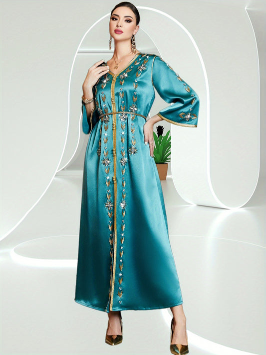 Elegant Rhinestone Embellished Polyester Abaya Dress, Solid Color, Woven Fabric, All-Season Long Robe with for Women, Middle Eastern Muslim Fashion Banquet Traditional Wear