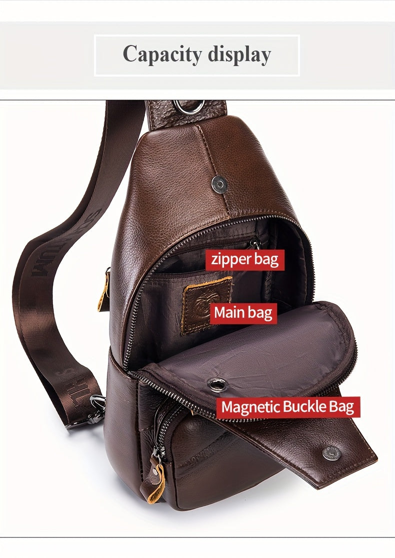 Men's Top Layer Cowhide Sling Bag, Genuine Leather Crossbody Bag, Retro Fashion Commuter Bag Multi-functional Travel Slant Shoulder Bag