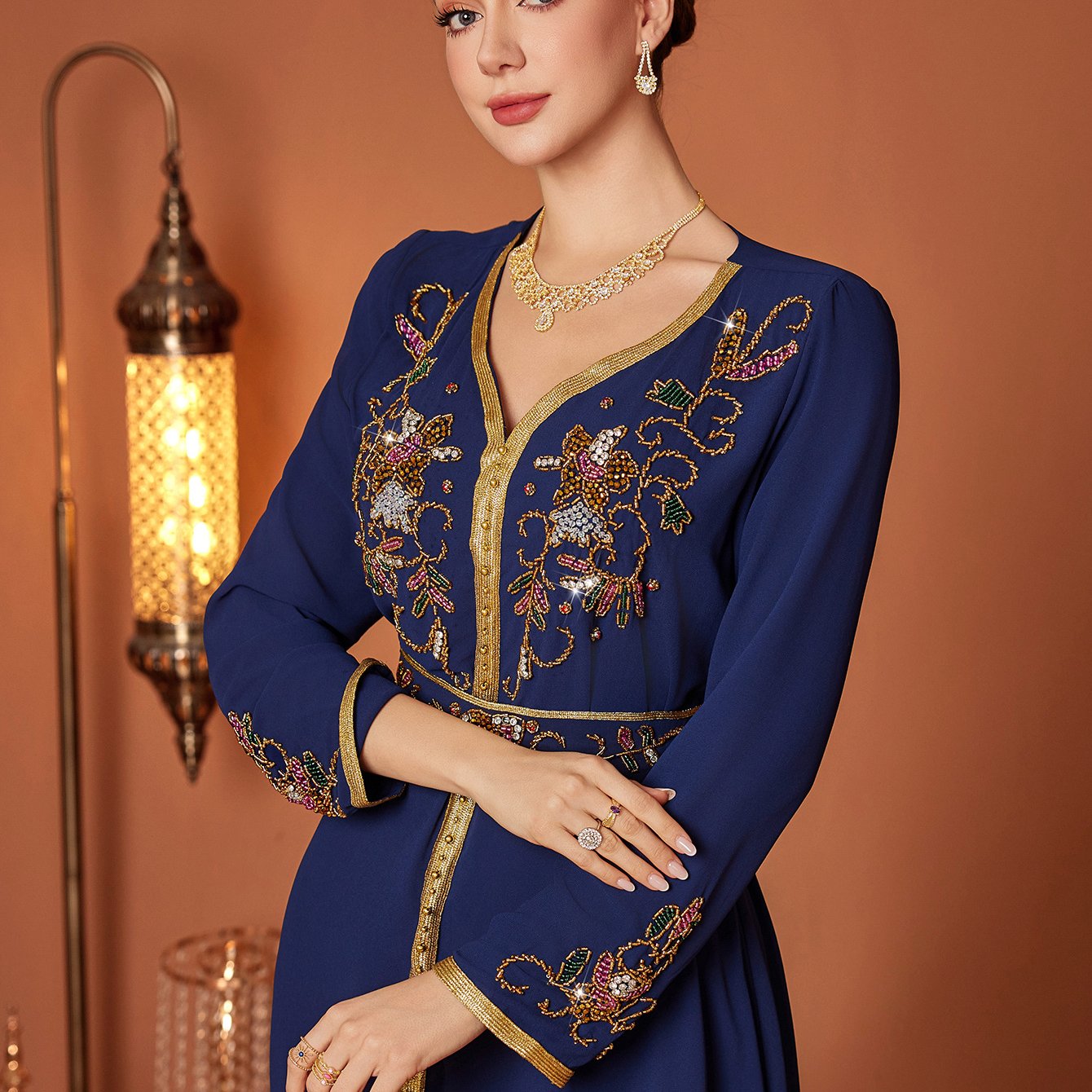 Elegant Navy Blue Embroidered Abaya Dress with Golden Accents and Belt - Long Sleeve, V-Neck, POLYESTER, Perfect for Spring/Summer, Women's Fashion,