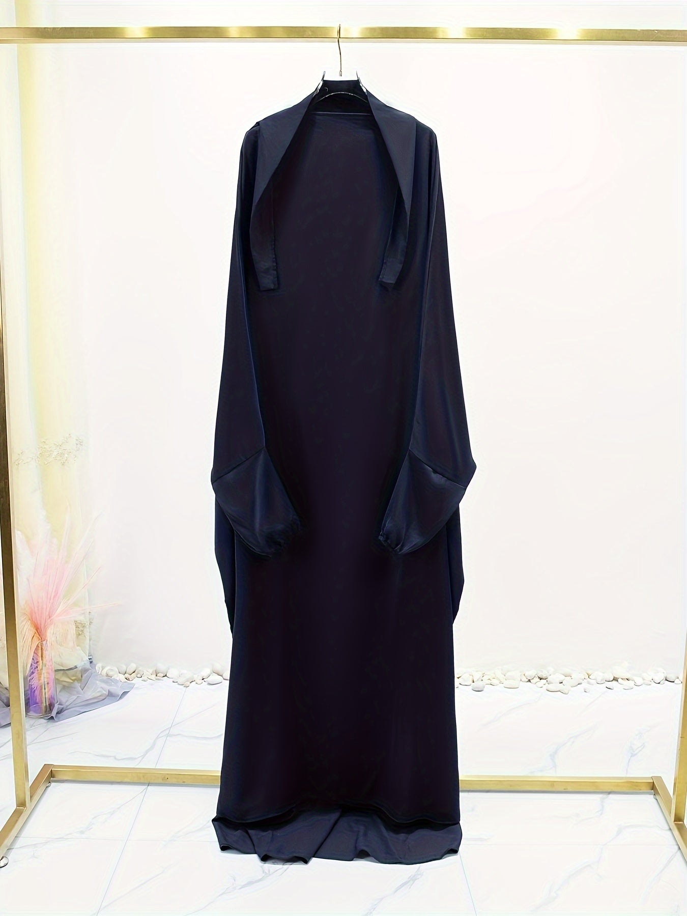 Elegant Solid Black Baju Abaya Prayer Dress - Loose Fit Batwing Sleeves Long Sleeve Ramadan Abaya with Hijab Headscarf, Traditional Middle Eastern All-Season Long Robe for Women