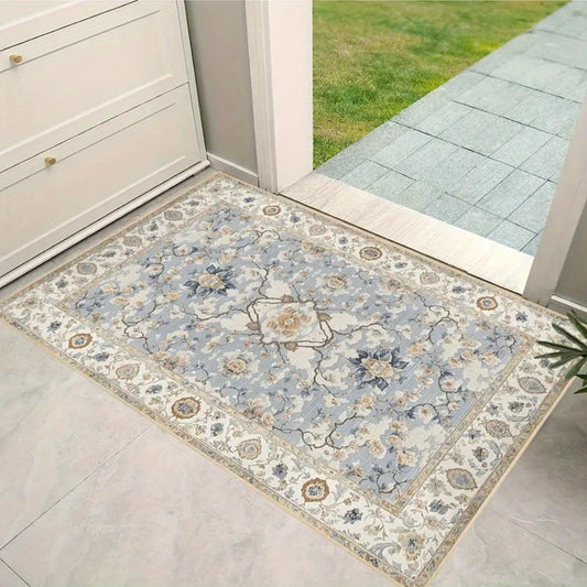 Luxurious Light Blue Persian Flowers Print Non-slip Bathroom Mat - Washable, Lightweight Bedroom & Home Decor Rugs, Carpet