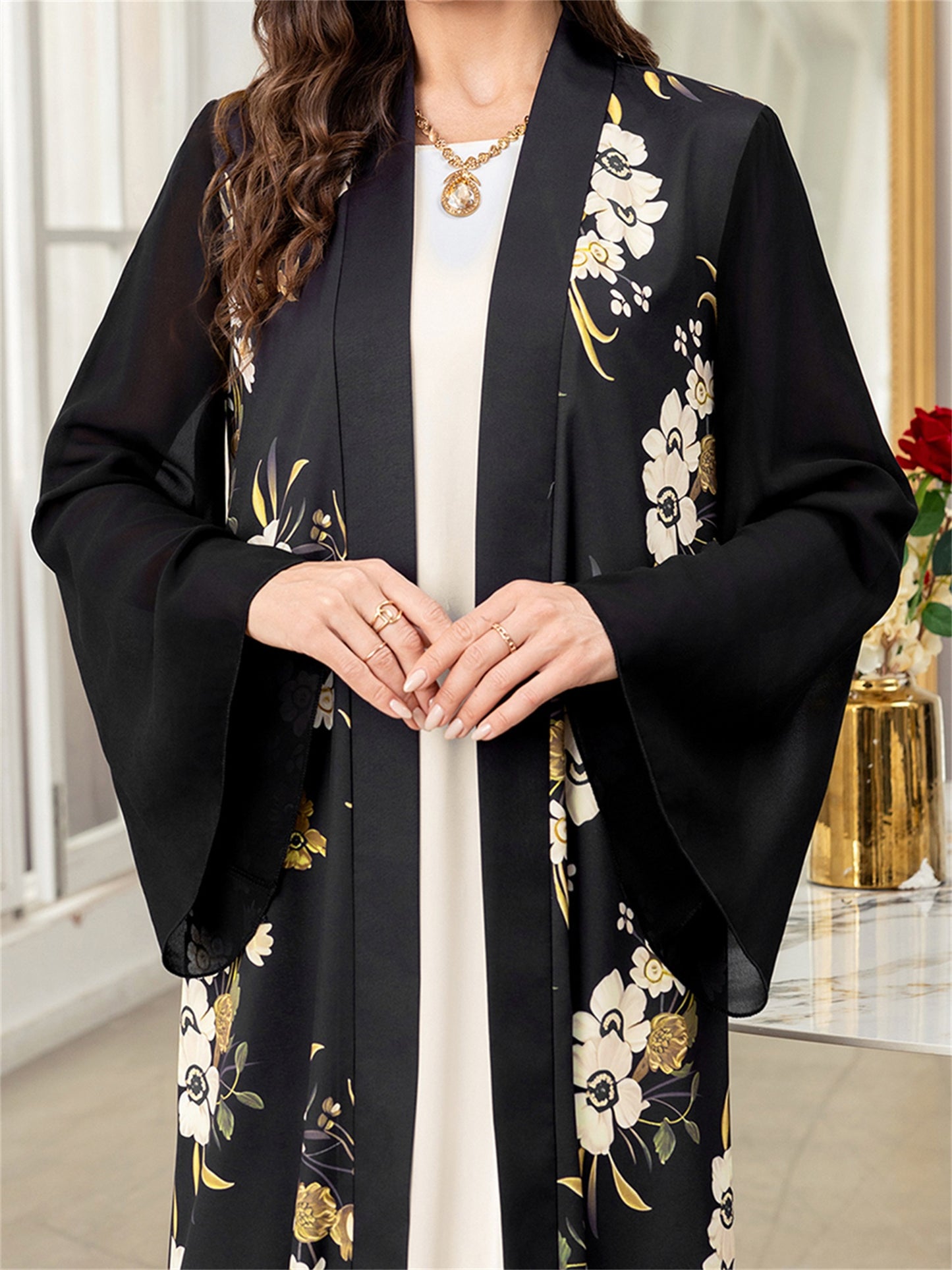 Elegant Black & White Floral Print Long Sleeve Kaftan Gown for Women - Loose Kimono Abaya with Golden Accents, Perfect for Spring and Summer Casual Wear, Comfortable Clothing