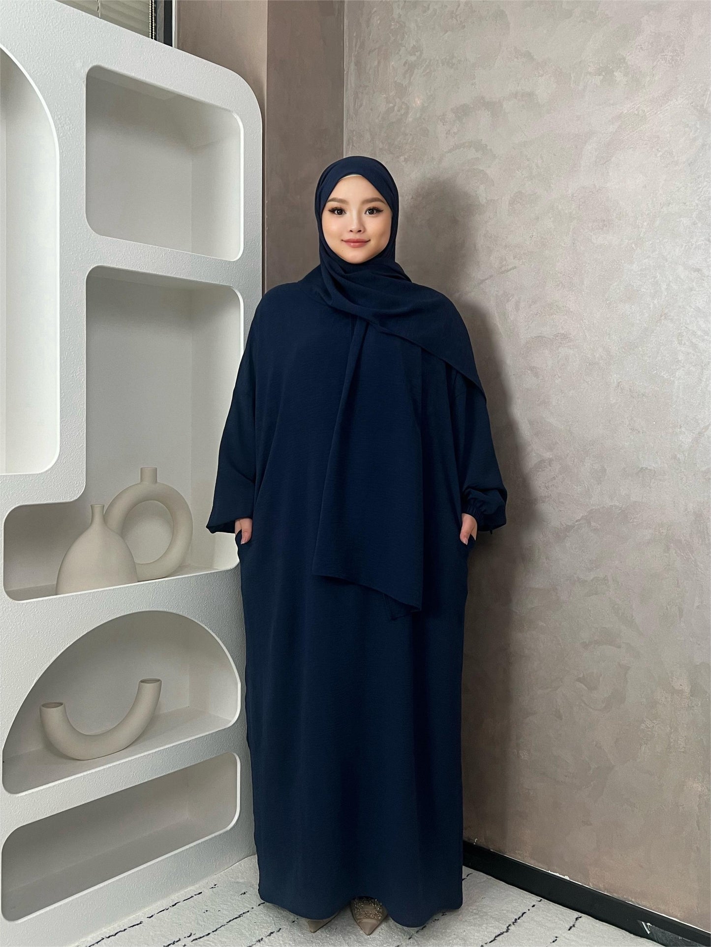 Elegant Crepe Hooded Jibab Abaya Hijab | Modest Long Sleeve Full Coverage Prayer Dress with Attached Scarf & Pockets, Machine Washable Medium Stretch Solid Color