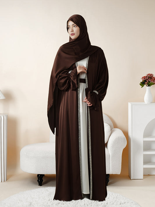 4pcs Set: Poet Sleeve Satin Abaya Eid al-Adha Abaya Muslim Women's Ramadan, Eid al-Fitr, Eid al-Adha, Mawlid, Prayer dress gown robe outfit long robe outfit comfortable soft breathable