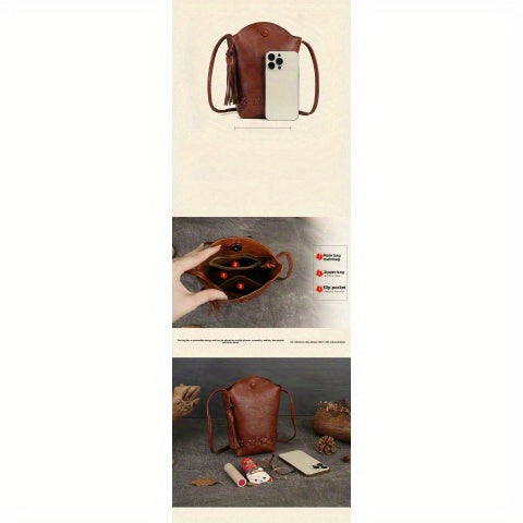 New Women's Bag with Design Sense, Retro Top-Grain Leather Cowhide Woven Phone Bag, Mini Crossbody Single-Shoulder Casual Fringed Bucket Bag