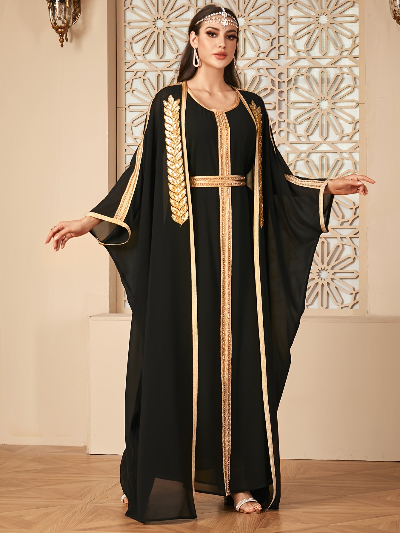 Elegant Ramadan Style Sequin Abaya Gown Dress with Mesh Overlay and Batwing Sleeves - Round Neck, Black with Golden Accents, Flowing Draped Waist, Perfect for Women's Fashion, Festive Attire|Elegant Attire