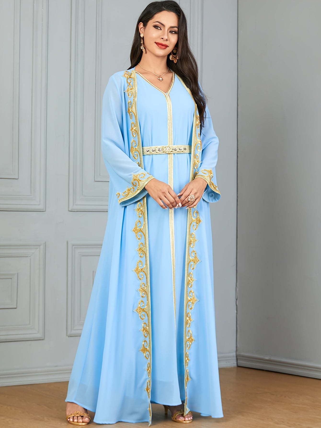 New Middle Eastern Emirati Abaya Dress + Cardigan Lace Embroidery Long Sleeve Two-Piece Robe Dress