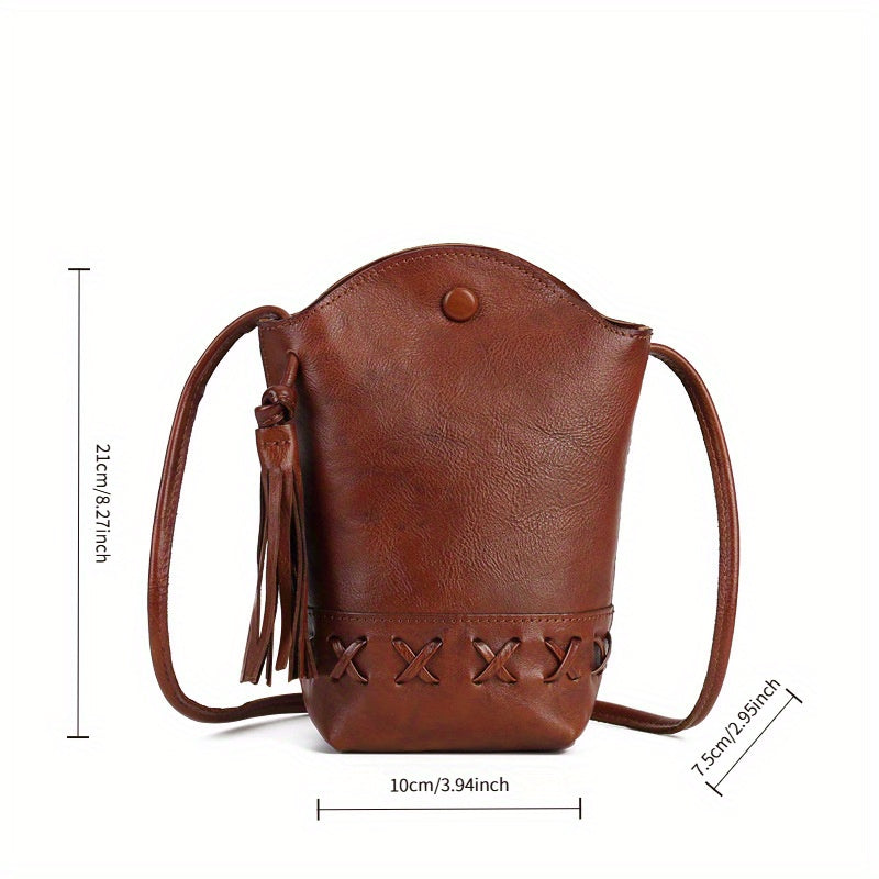 New Women's Bag with Design Sense, Retro Top-Grain Leather Cowhide Woven Phone Bag, Mini Crossbody Single-Shoulder Casual Fringed Bucket Bag