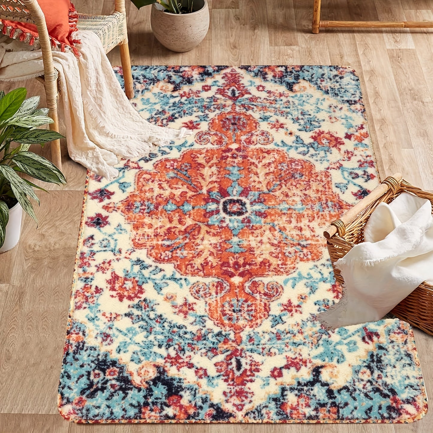 Bohemian Floral Medallion Area Rug - Oriental Distressed Bedroom Arabian Carpet Country Vintage Faux Wool Indoor Throw Mat Non-Slip Washable Low-Pile Carpet For Bathroom Living Kitchen Laundry Room