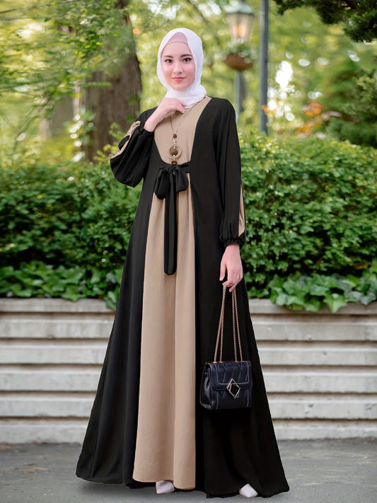 Modest Middle Eastern Baju Abaya Dress - Long Sleeve Round Neck Two-Tone Black & Beige with Adjustable Waist Tie, Non-Stretch Fabric for Ramadan, Daily Wear & Travel, Muslim Dress