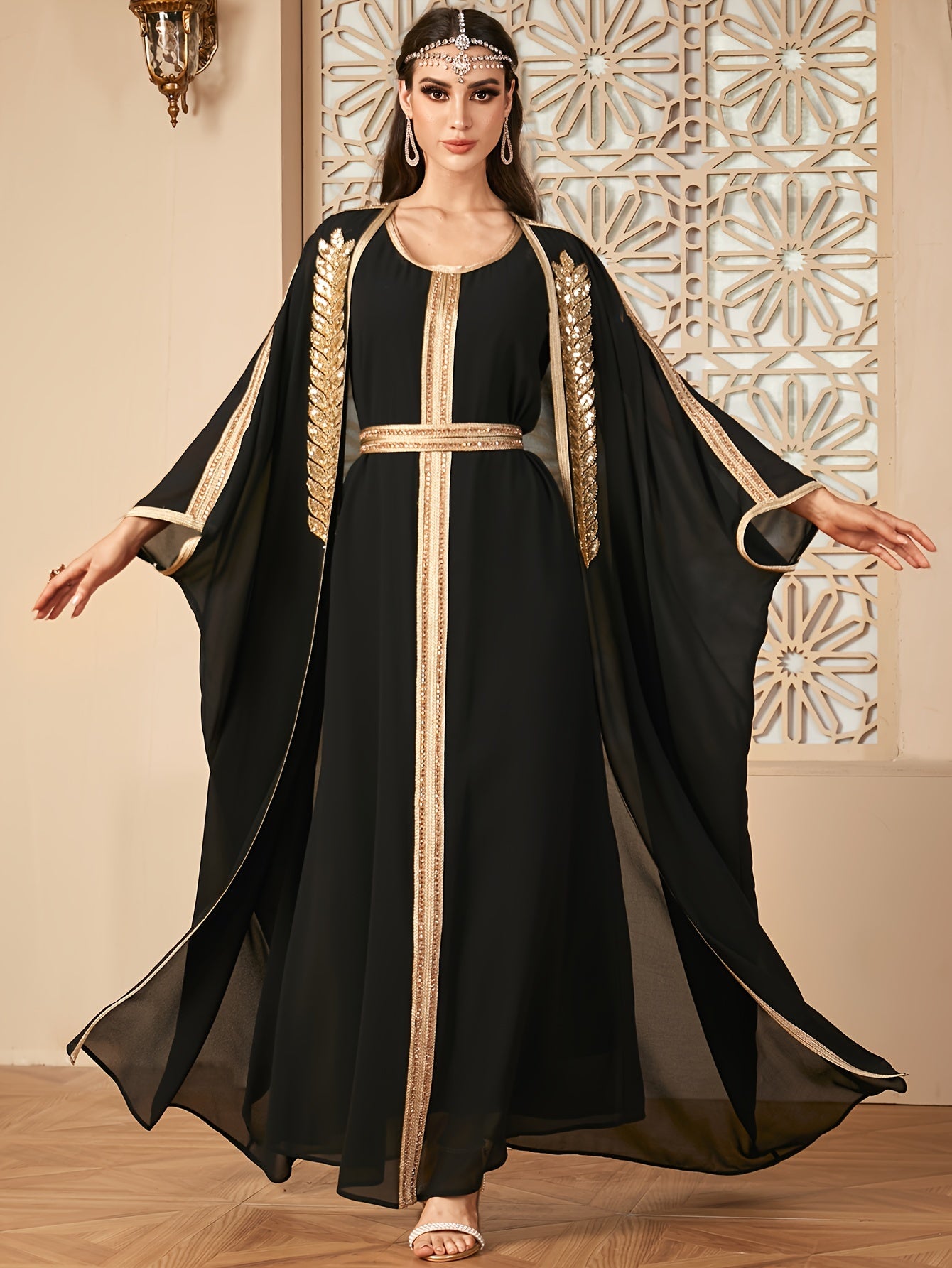 Elegant Ramadan Style Sequin Abaya Gown Dress with Mesh Overlay and Batwing Sleeves - Round Neck, Black with Golden Accents, Flowing Draped Waist, Perfect for Women's Fashion, Festive Attire|Elegant Attire