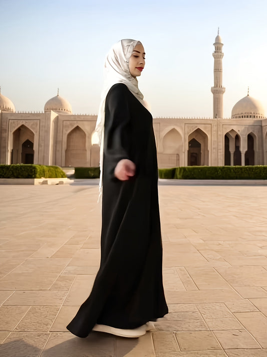 1 Luxury Satin Modest Jibab Abaya Set for Women, 4pcs Muslim Female Ramadan Prayer Dress, Long Robe, Elegant Open Breathable Abaya, Top, Pants and Matching Headscarf, Middle Eastern Arabic Malaysia Islamic Women, Eid al-Adha Gift R