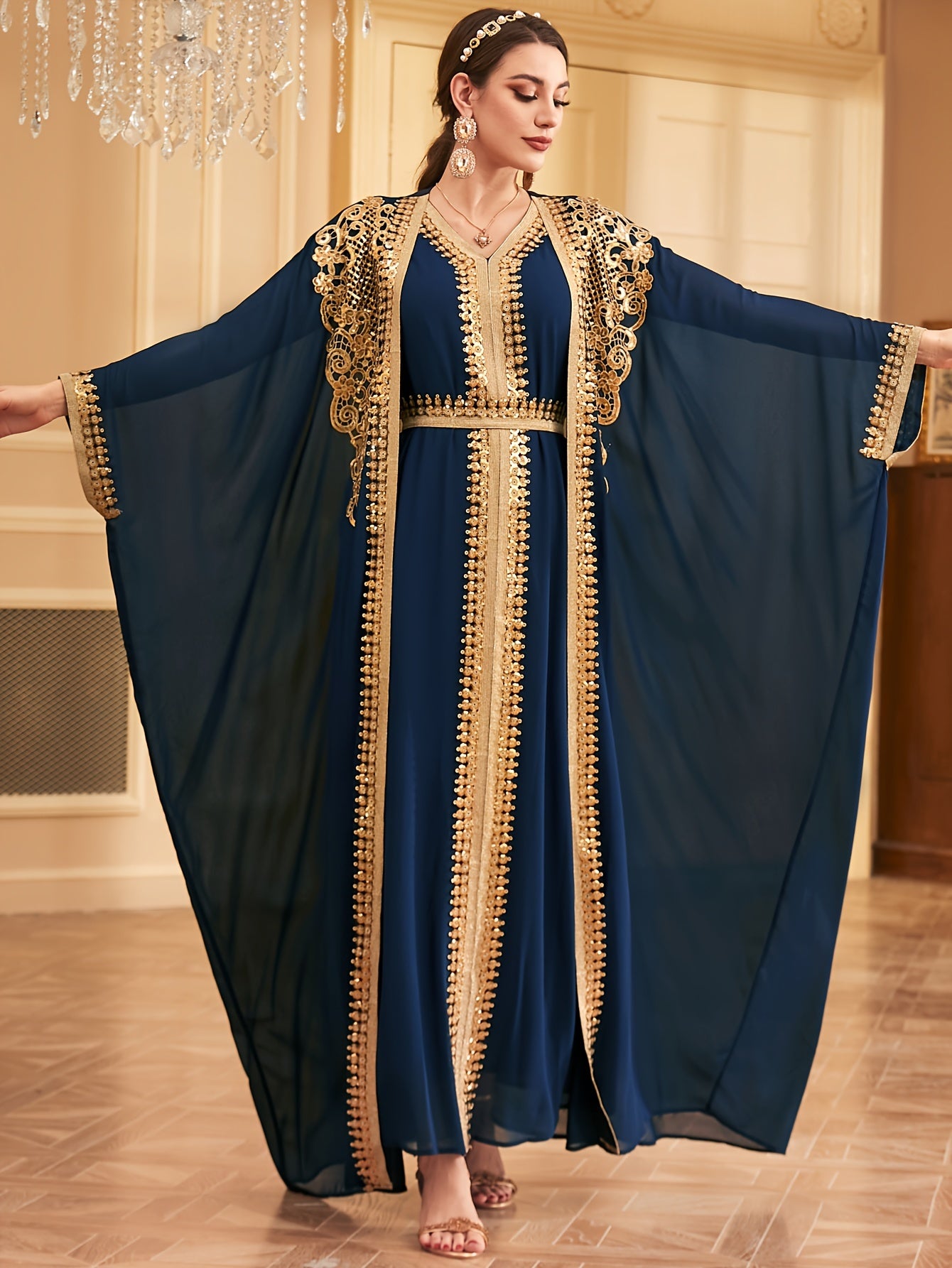 Middle Eastern Muslim Lace Weft Vest Abaya Gown Dress + Cardigan Sequin Embroidery Bat Sleeve Loose Robe Jacket Two-piece Set