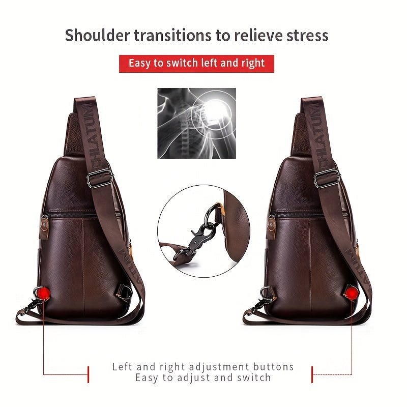 Men's Top Layer Cowhide Sling Bag, Genuine Leather Crossbody Bag, Retro Fashion Commuter Bag Multi-functional Travel Slant Shoulder Bag